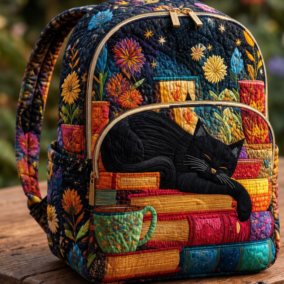 Padded Backpack - Black Cat on Books – front view