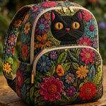Padded Backpack - Black Cat and Wildflowers – front view