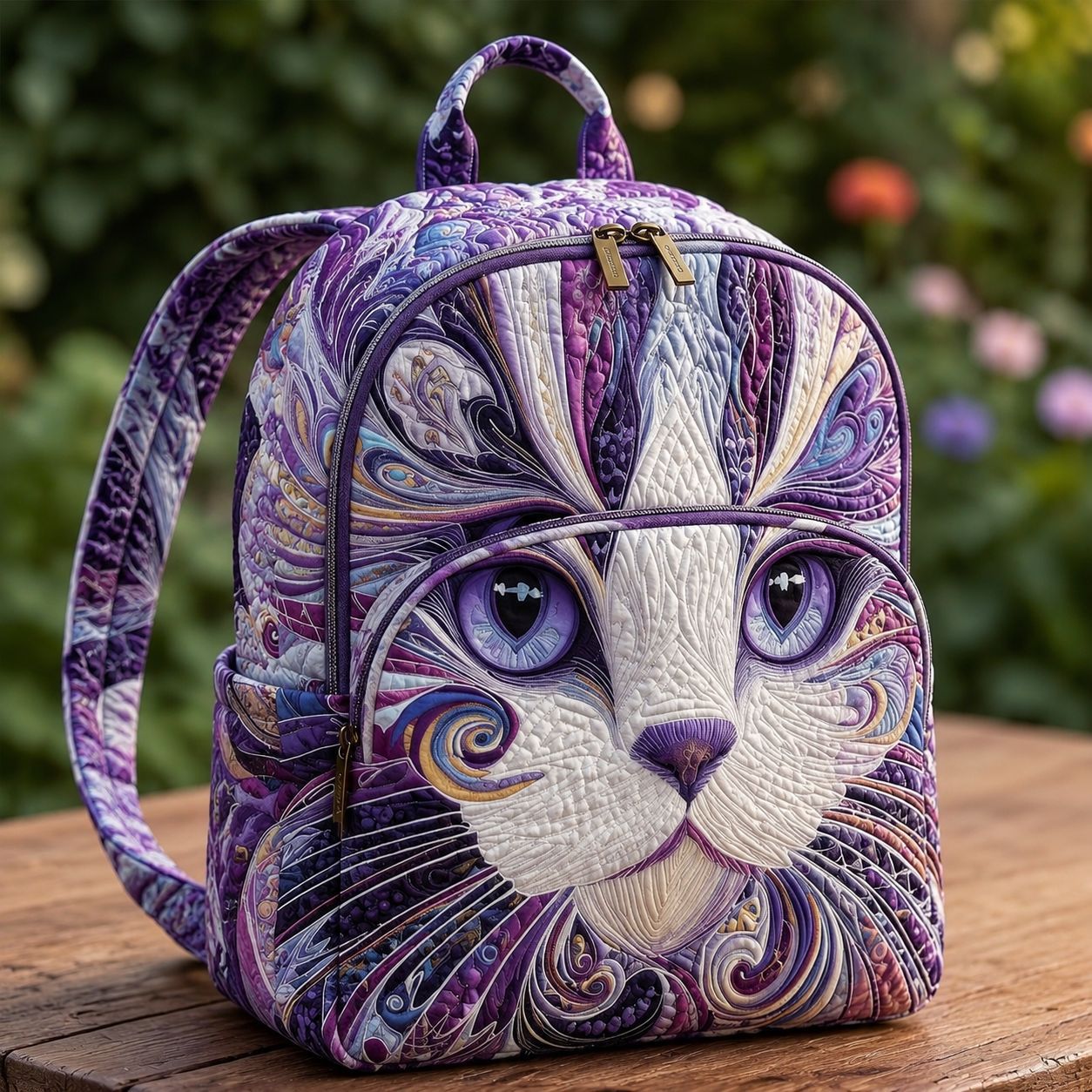 Padded Backpack - Artistic Purple Cat – front view