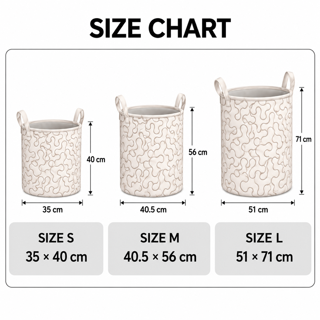 Laundry basket size chart: S 35 × 40 cm, M 40.5 × 56 cm, L 51 × 71 cm