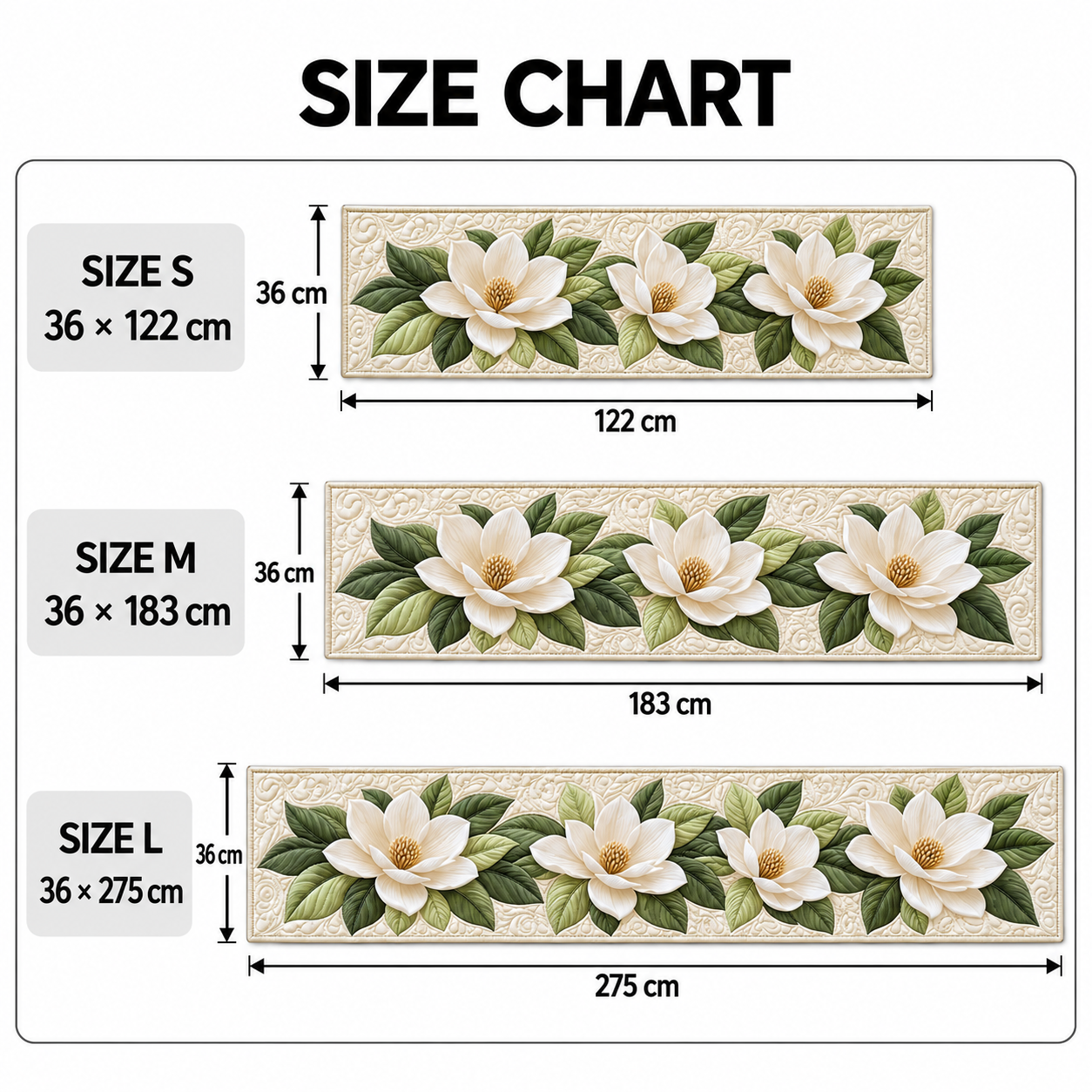 Size chart: S 36 x 122 cm, M 36 x 183 cm, L 36 x 275 cm