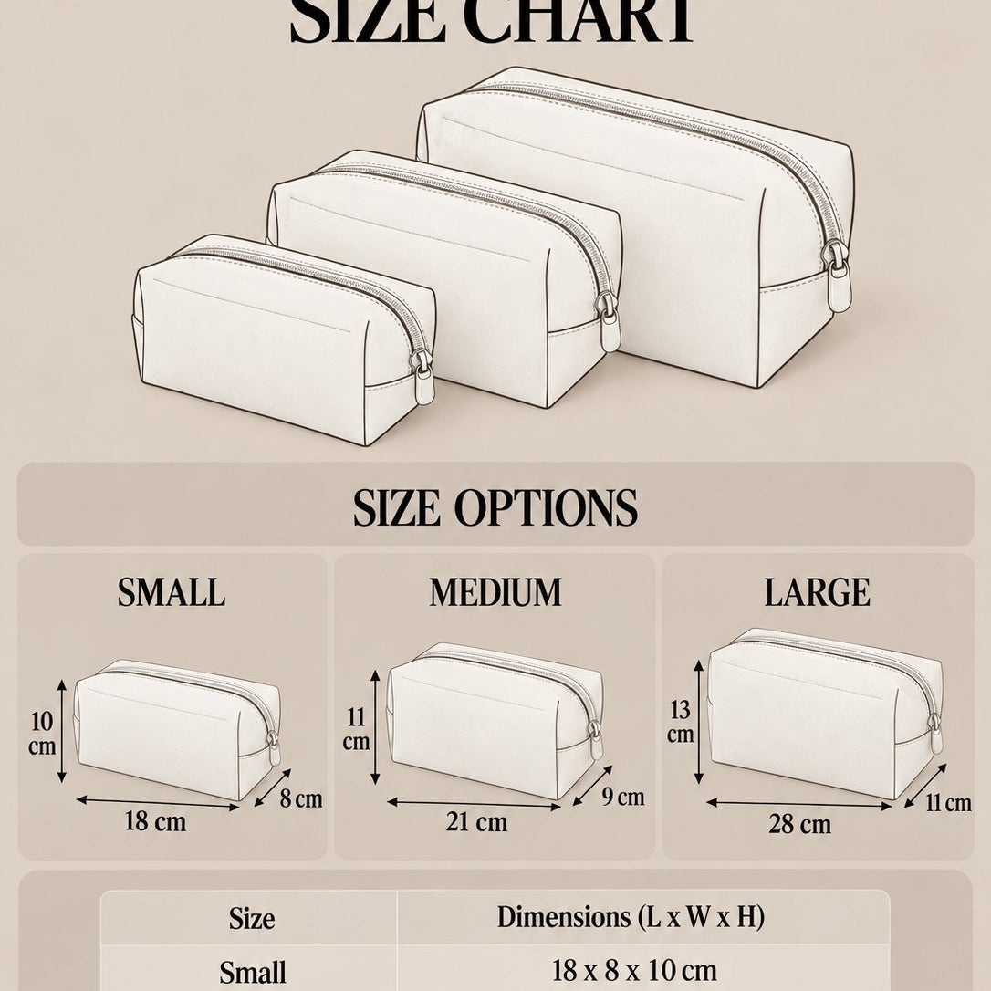 Quilted makeup bag size chart: Small 18 x 8 x 10 cm, Medium 21 x 9 x 11 cm, Large 28 x 11 x 13 cm