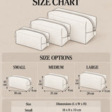 Quilted makeup bag size chart: Small 18 x 8 x 10 cm, Medium 21 x 9 x 11 cm, Large 28 x 11 x 13 cm